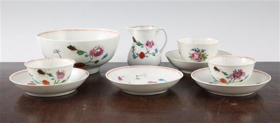A Worcester polychrome seven piece part teaset and a Worcester tea bowl and saucer, c.1780, 12.5cm